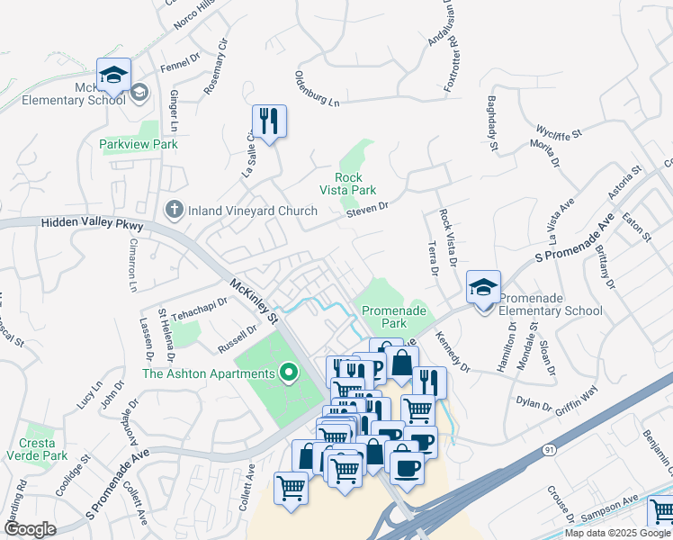 map of restaurants, bars, coffee shops, grocery stores, and more near 101 Richey Street in Corona