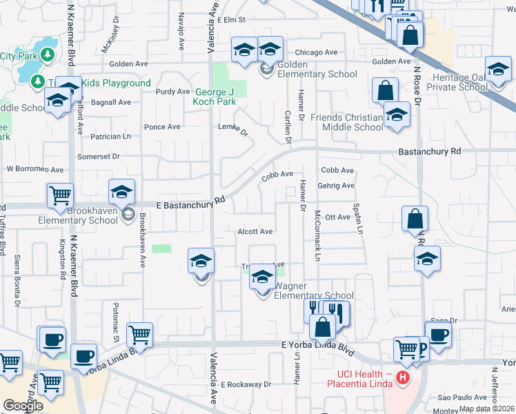 map of restaurants, bars, coffee shops, grocery stores, and more near 1925 Clemens Drive in Placentia
