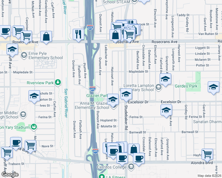 map of restaurants, bars, coffee shops, grocery stores, and more near 14706 Leibacher Avenue in Norwalk