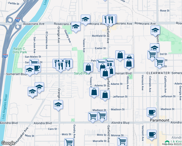 map of restaurants, bars, coffee shops, grocery stores, and more near 7249 Somerset Boulevard in Paramount