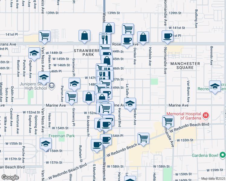 map of restaurants, bars, coffee shops, grocery stores, and more near 1731 West 149th Street in Gardena