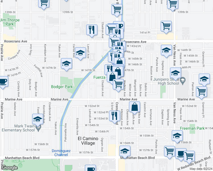 map of restaurants, bars, coffee shops, grocery stores, and more near 11848 Manor Dr in El Camino Village