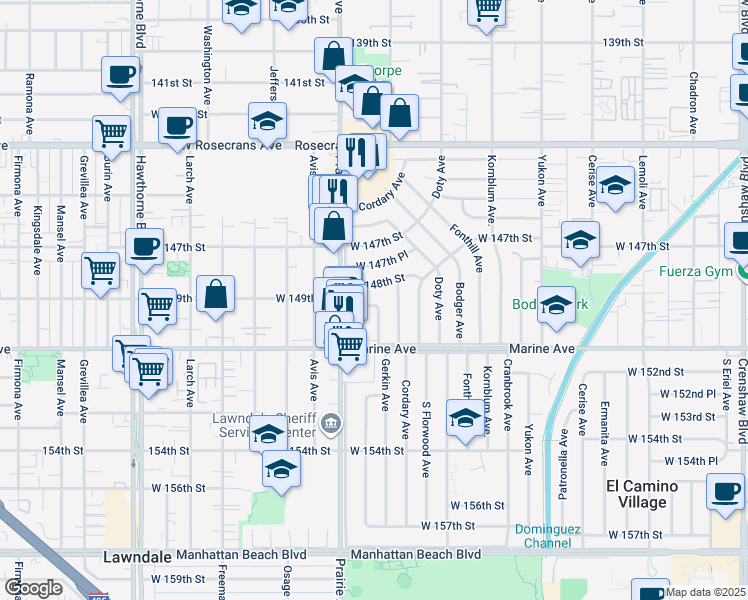 map of restaurants, bars, coffee shops, grocery stores, and more near 3921 148th Street in Hawthorne