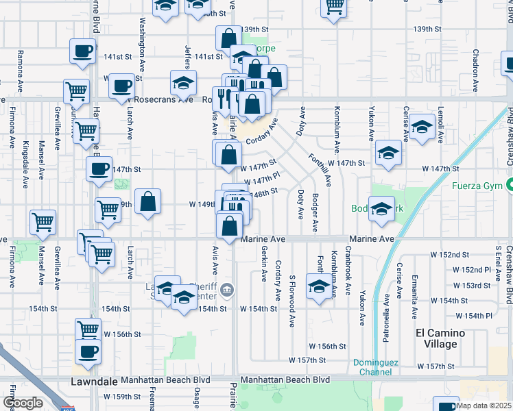 map of restaurants, bars, coffee shops, grocery stores, and more near 3921 148th Street in Hawthorne