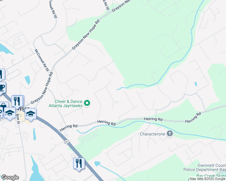 map of restaurants, bars, coffee shops, grocery stores, and more near 2322 Herring Woods Trail in Grayson