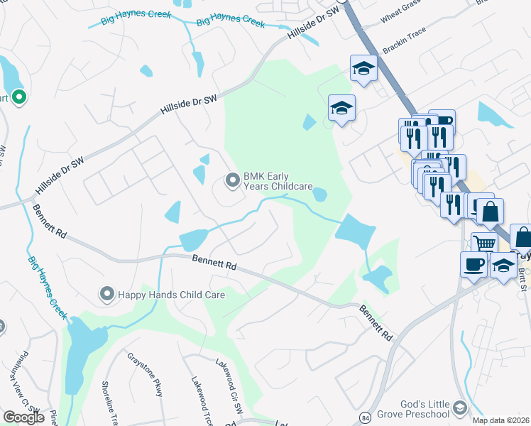 map of restaurants, bars, coffee shops, grocery stores, and more near 1650 Mount McKinley Drive in Grayson