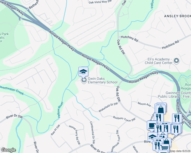 map of restaurants, bars, coffee shops, grocery stores, and more near 423 Comanche Trail in Lawrenceville