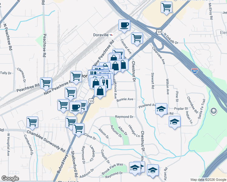 map of restaurants, bars, coffee shops, grocery stores, and more near 3596 Oakmont Avenue in Doraville