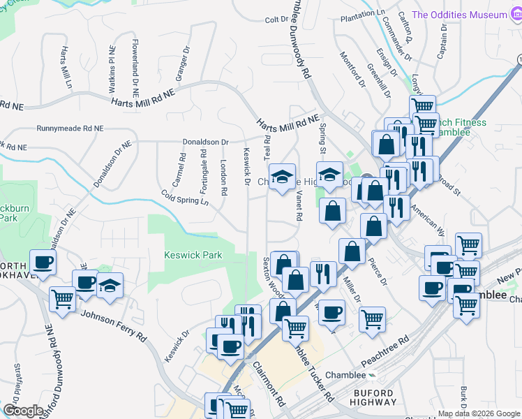 map of restaurants, bars, coffee shops, grocery stores, and more near 3600 Sexton Woods Drive in Chamblee