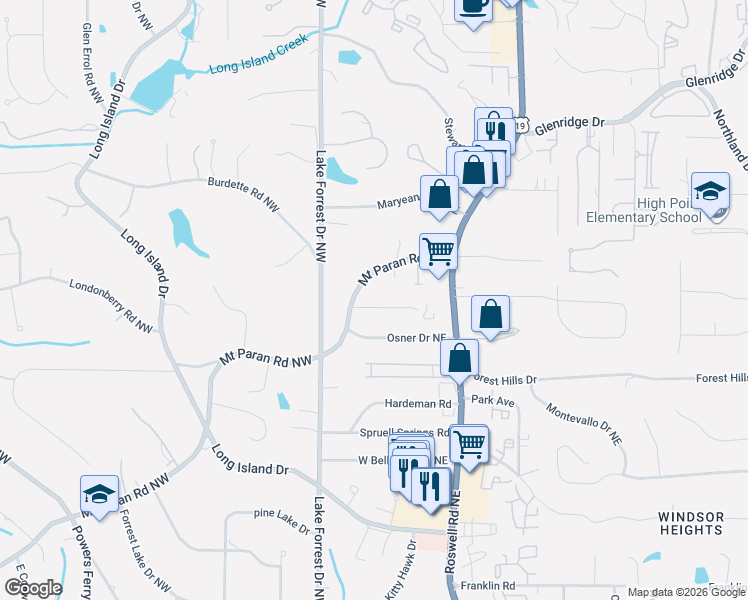 map of restaurants, bars, coffee shops, grocery stores, and more near 90 Mount Paran Road Northwest in Atlanta
