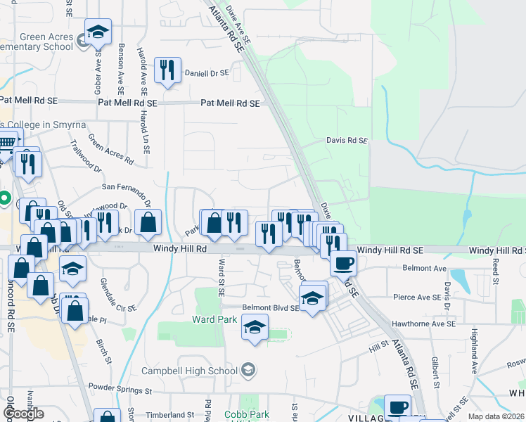 map of restaurants, bars, coffee shops, grocery stores, and more near 990 Turner Drive Southeast in Smyrna