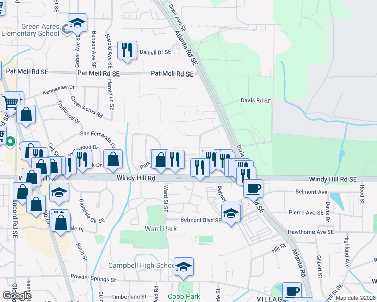 map of restaurants, bars, coffee shops, grocery stores, and more near Turner Drive Southeast in Smyrna