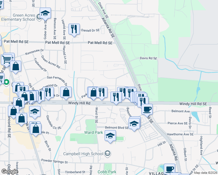 map of restaurants, bars, coffee shops, grocery stores, and more near 971 Turner Drive Southeast in Smyrna