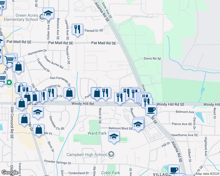 map of restaurants, bars, coffee shops, grocery stores, and more near 923 Turner Drive Southeast in Smyrna
