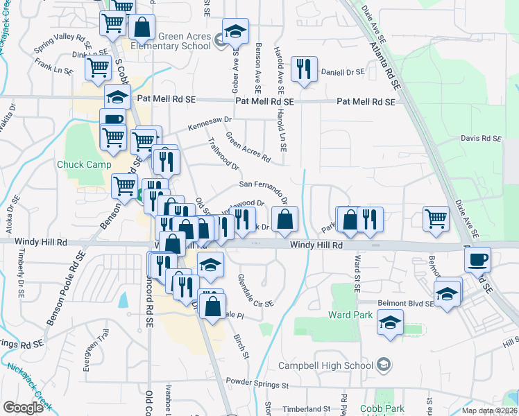 map of restaurants, bars, coffee shops, grocery stores, and more near 661 Inglewood Drive in Smyrna