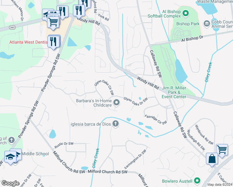 map of restaurants, bars, coffee shops, grocery stores, and more near 1420 Glynn Oaks Dr SW in Marietta
