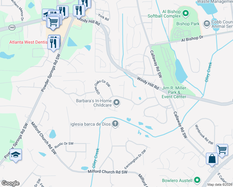 map of restaurants, bars, coffee shops, grocery stores, and more near 1420 Glynn Oaks Drive Southwest in Marietta