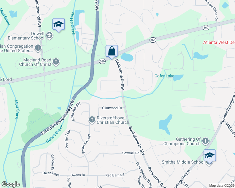 map of restaurants, bars, coffee shops, grocery stores, and more near 2138 Derbyshire Drive in Marietta