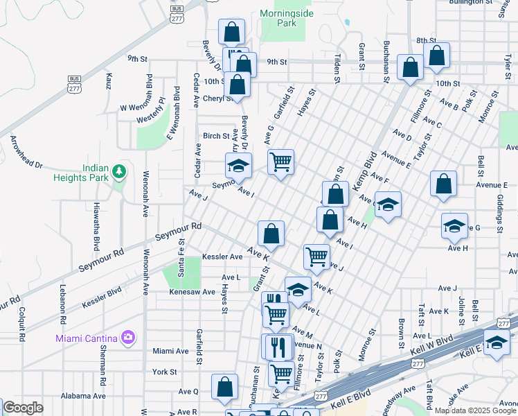 map of restaurants, bars, coffee shops, grocery stores, and more near 1814 Hayes Street in Wichita Falls
