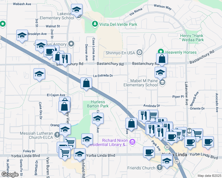 map of restaurants, bars, coffee shops, grocery stores, and more near 4466 Rainbow Lane in Yorba Linda