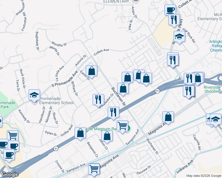map of restaurants, bars, coffee shops, grocery stores, and more near 431 Surrey Circle in Corona