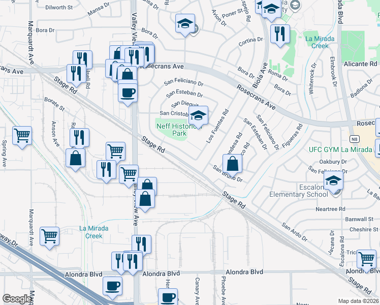 map of restaurants, bars, coffee shops, grocery stores, and more near 14473 San Ardo Drive in La Mirada