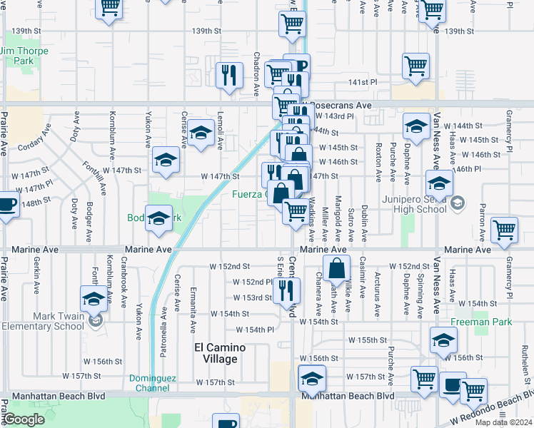 map of restaurants, bars, coffee shops, grocery stores, and more near 14900 Chadron Avenue in Gardena