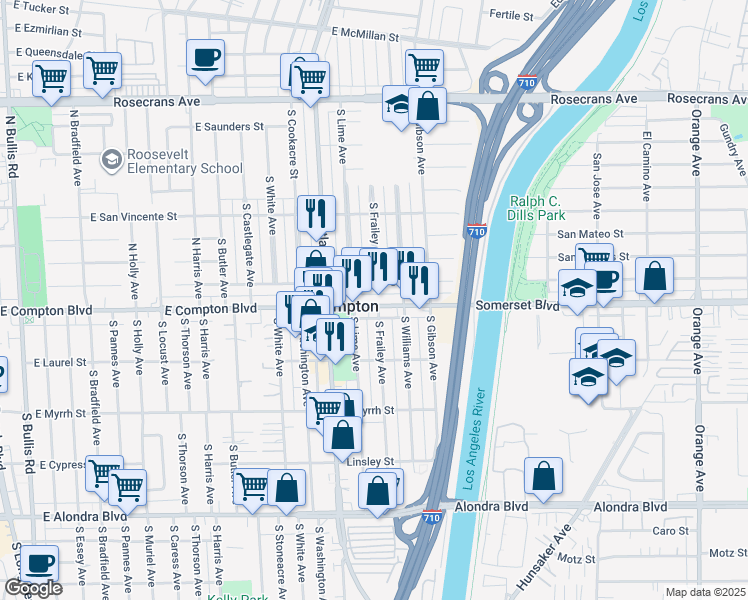map of restaurants, bars, coffee shops, grocery stores, and more near 4623 East Compton Boulevard in Compton