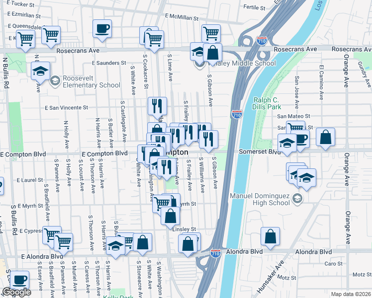 map of restaurants, bars, coffee shops, grocery stores, and more near 4702 East San Luis Street in Compton