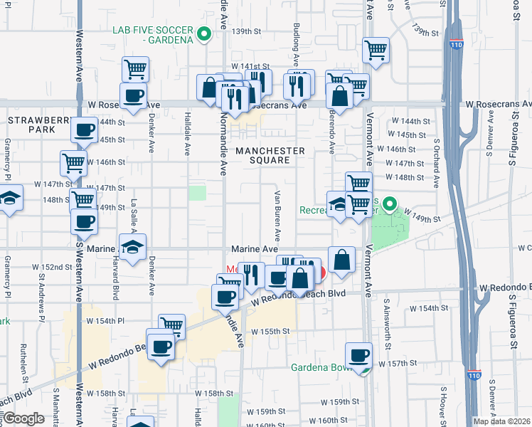 map of restaurants, bars, coffee shops, grocery stores, and more near 14811 Van Buren Avenue in Gardena
