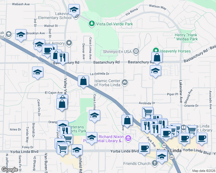 map of restaurants, bars, coffee shops, grocery stores, and more near 4466 Rainbow Lane in Yorba Linda