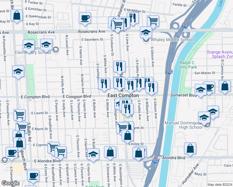 map of restaurants, bars, coffee shops, grocery stores, and more near 4405 East Compton Boulevard in Compton