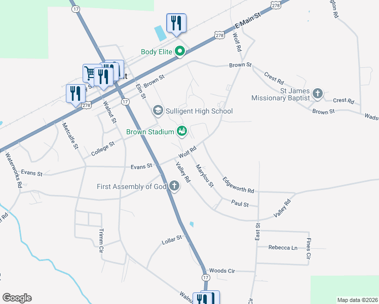map of restaurants, bars, coffee shops, grocery stores, and more near 185 Marylou Street in Sulligent
