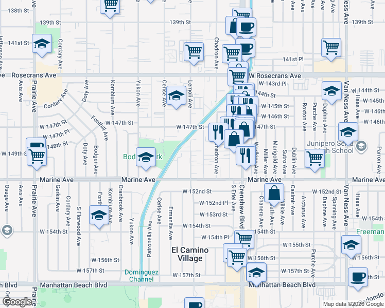 map of restaurants, bars, coffee shops, grocery stores, and more near 14818 Lemoli Avenue in Gardena