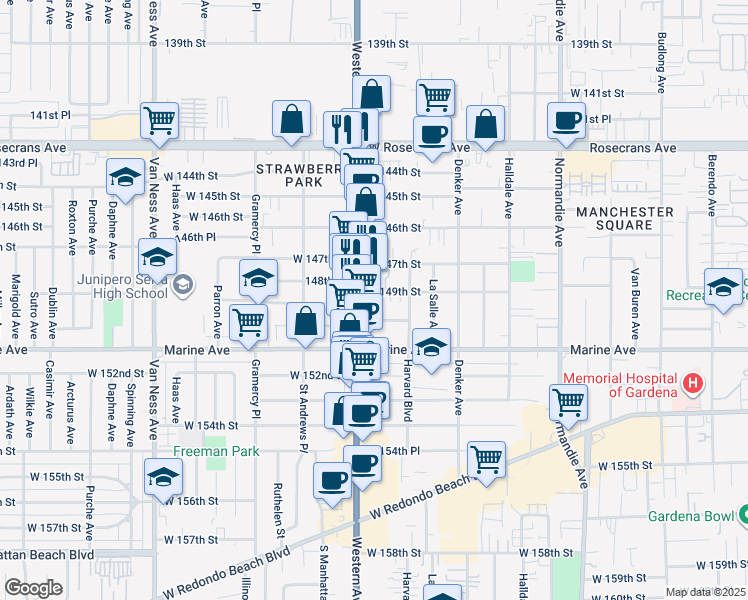 map of restaurants, bars, coffee shops, grocery stores, and more near 1742 West 149th Street in Gardena