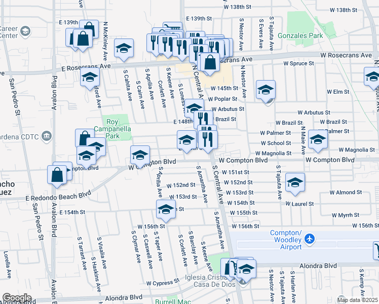 map of restaurants, bars, coffee shops, grocery stores, and more near 1213 East 150th Street in Compton