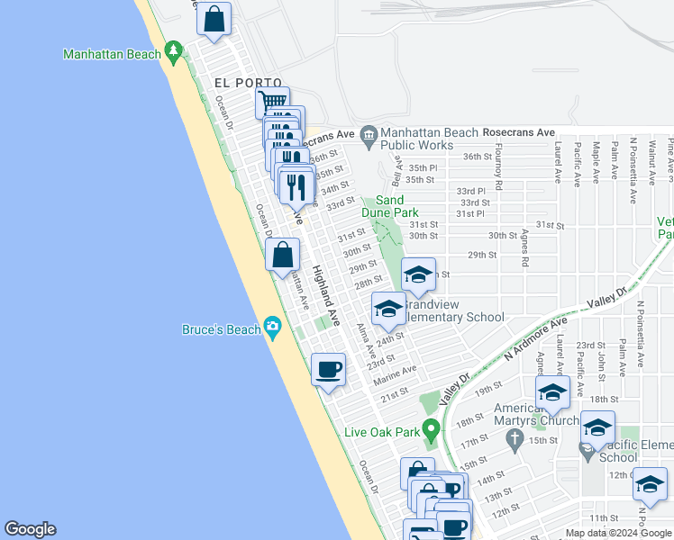 map of restaurants, bars, coffee shops, grocery stores, and more near 2901 Alma Avenue in Manhattan Beach