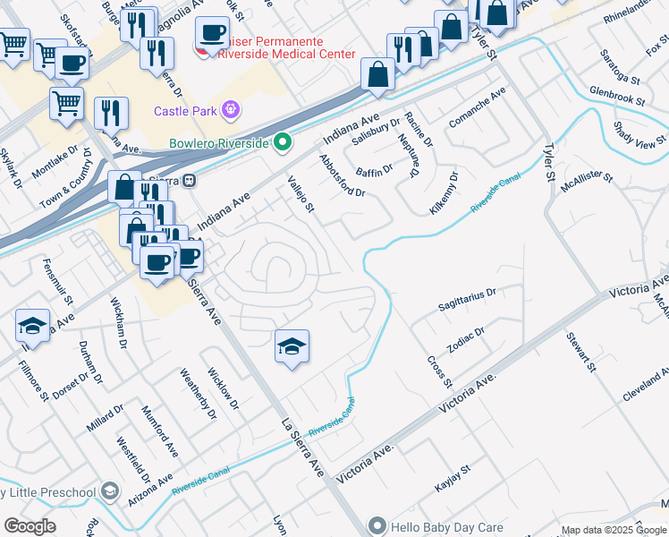 map of restaurants, bars, coffee shops, grocery stores, and more near 10841 Rio Grande Lane in Riverside