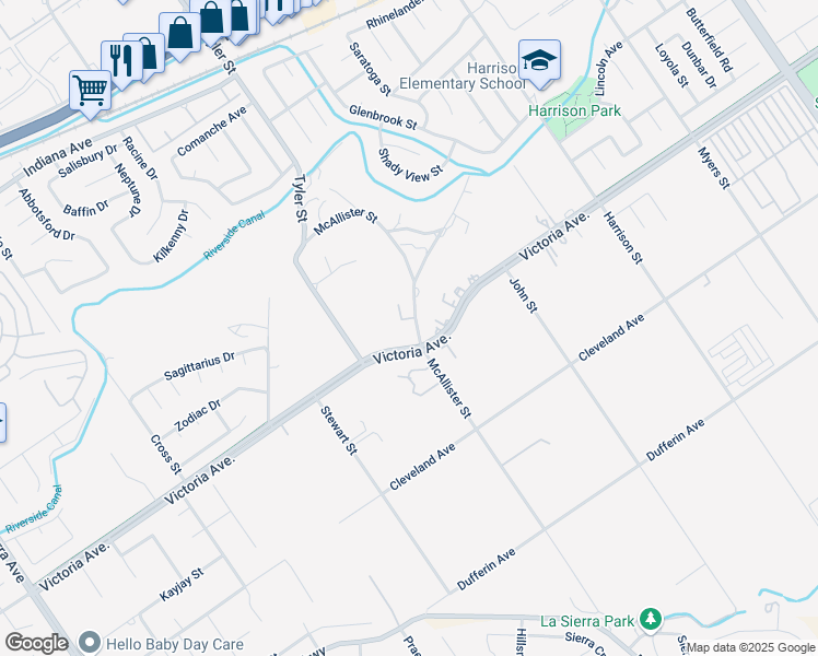 map of restaurants, bars, coffee shops, grocery stores, and more near 2760 McAllister Street in Riverside