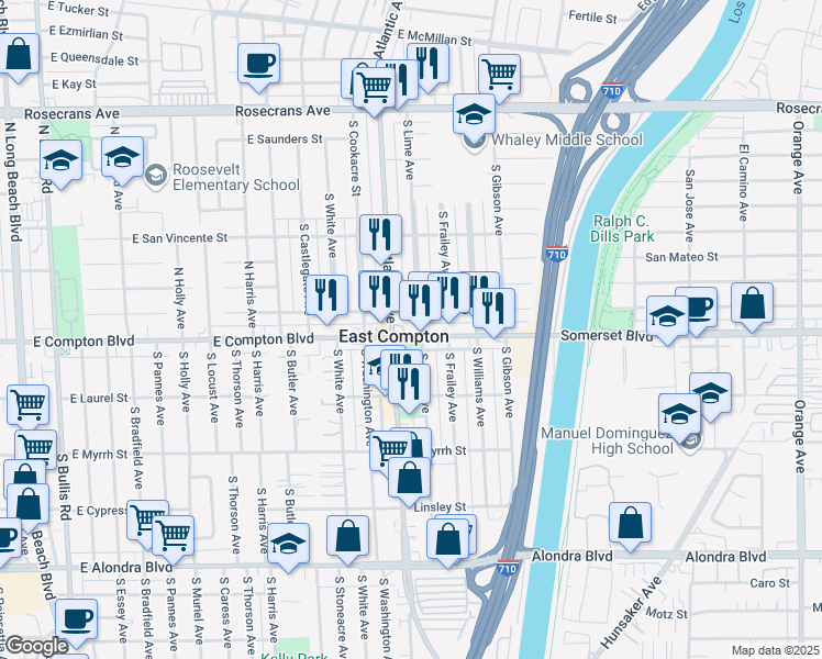 map of restaurants, bars, coffee shops, grocery stores, and more near 4521 East San Luis Street in East Compton