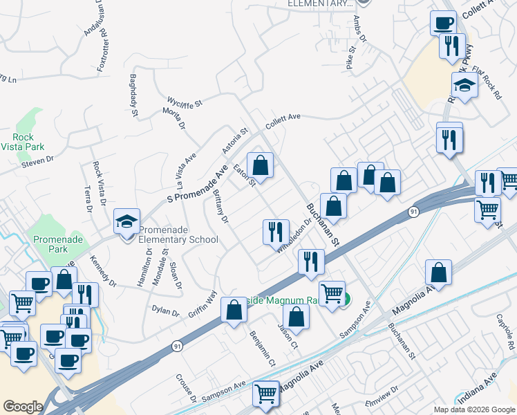 map of restaurants, bars, coffee shops, grocery stores, and more near 2981 Hampshire Circle in Corona