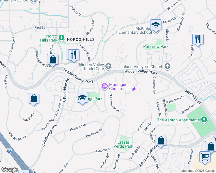 map of restaurants, bars, coffee shops, grocery stores, and more near 908 Temescal Circle in Corona