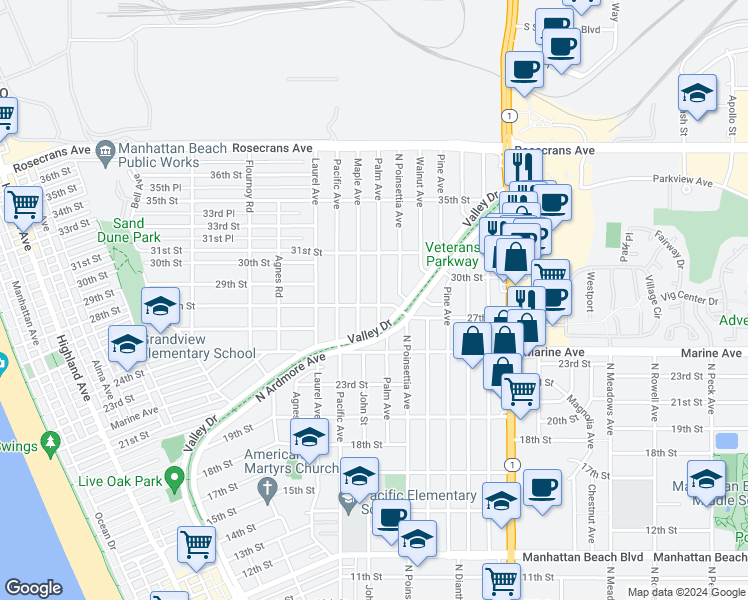 map of restaurants, bars, coffee shops, grocery stores, and more near 2705 Palm Avenue in Manhattan Beach
