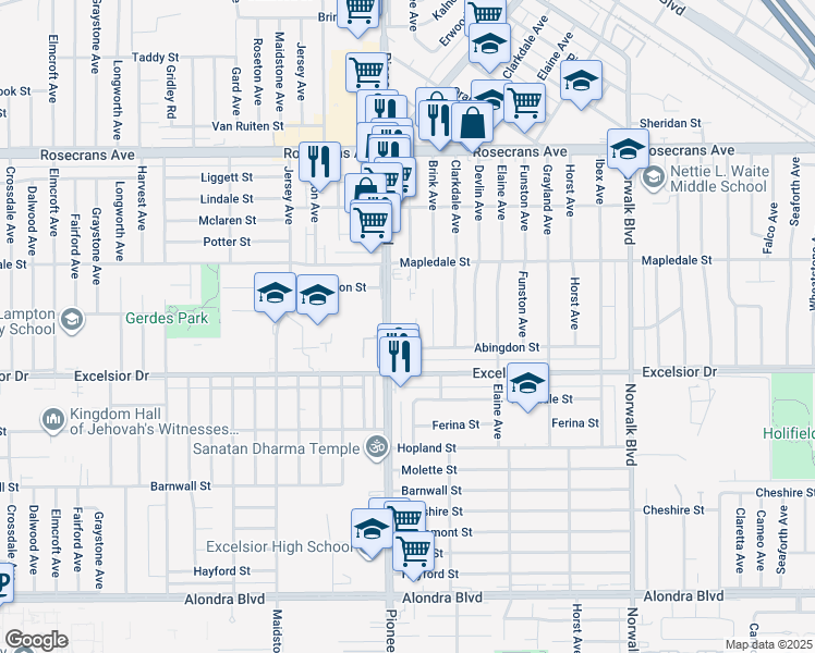 map of restaurants, bars, coffee shops, grocery stores, and more near 14780 Pioneer Boulevard in Norwalk