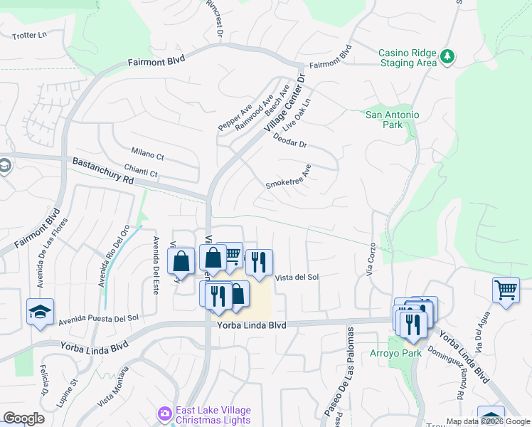 map of restaurants, bars, coffee shops, grocery stores, and more near 20616 Smoketree Avenue in Yorba Linda