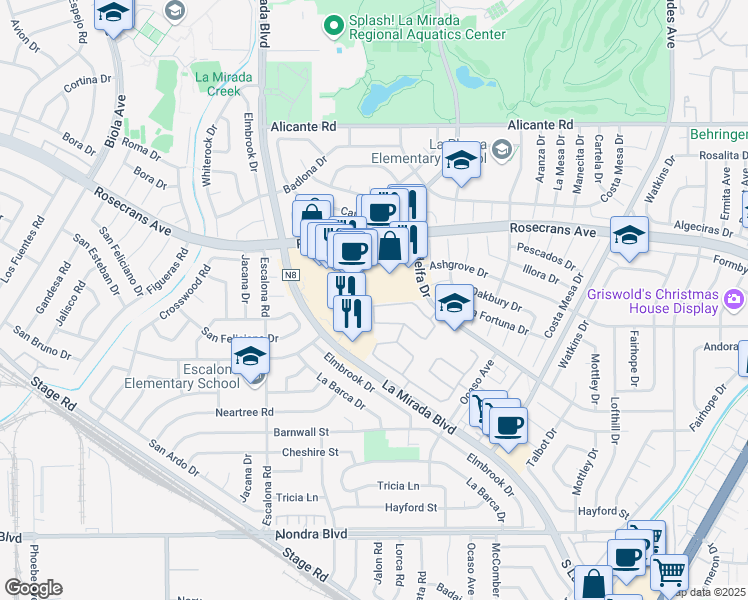 map of restaurants, bars, coffee shops, grocery stores, and more near 15201 Riviera Lane in La Mirada