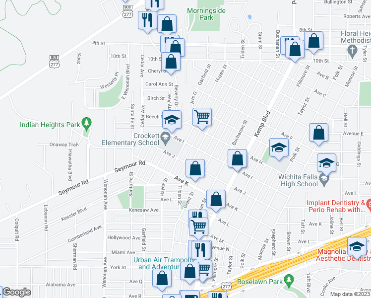 map of restaurants, bars, coffee shops, grocery stores, and more near 1905 Hayes Street in Wichita Falls