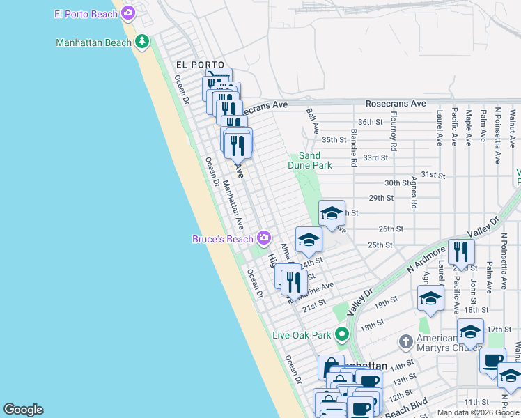 map of restaurants, bars, coffee shops, grocery stores, and more near in Manhattan Beach