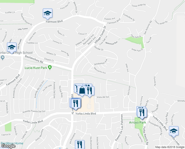 map of restaurants, bars, coffee shops, grocery stores, and more near 20616 Smoketree Avenue in Yorba Linda