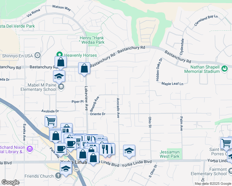 map of restaurants, bars, coffee shops, grocery stores, and more near 4441 Avocado Avenue in Yorba Linda